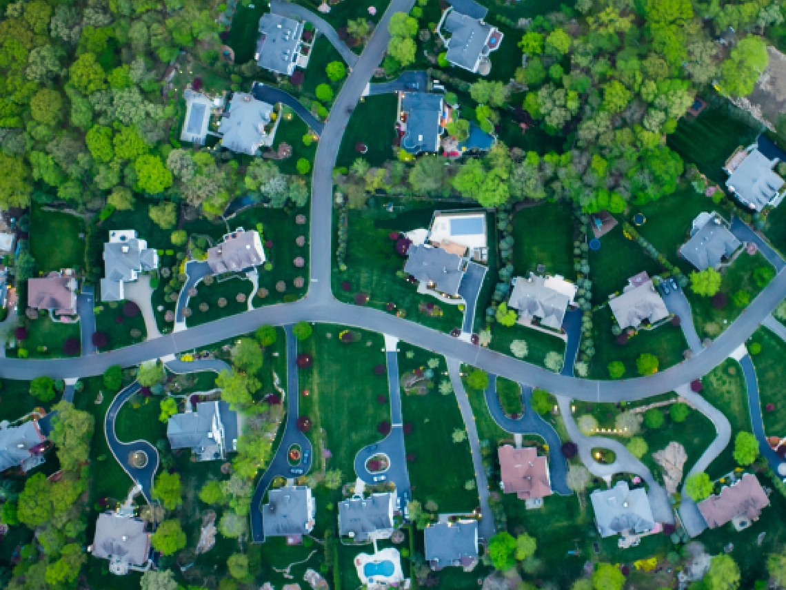 overhead view of a neighborhood with houses and greenery